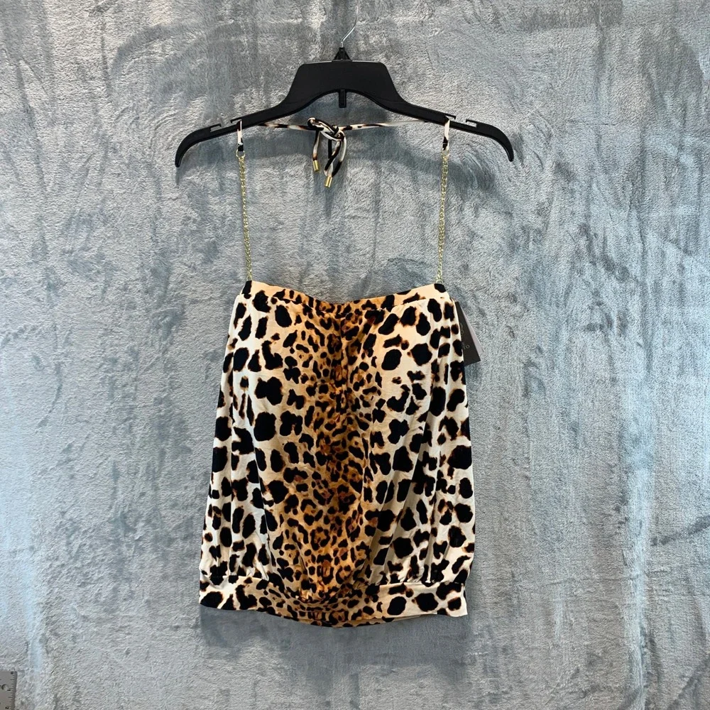 Vince Camuto Leopard Print Chain Strap Halter Blouson Tankini Top Small V10274